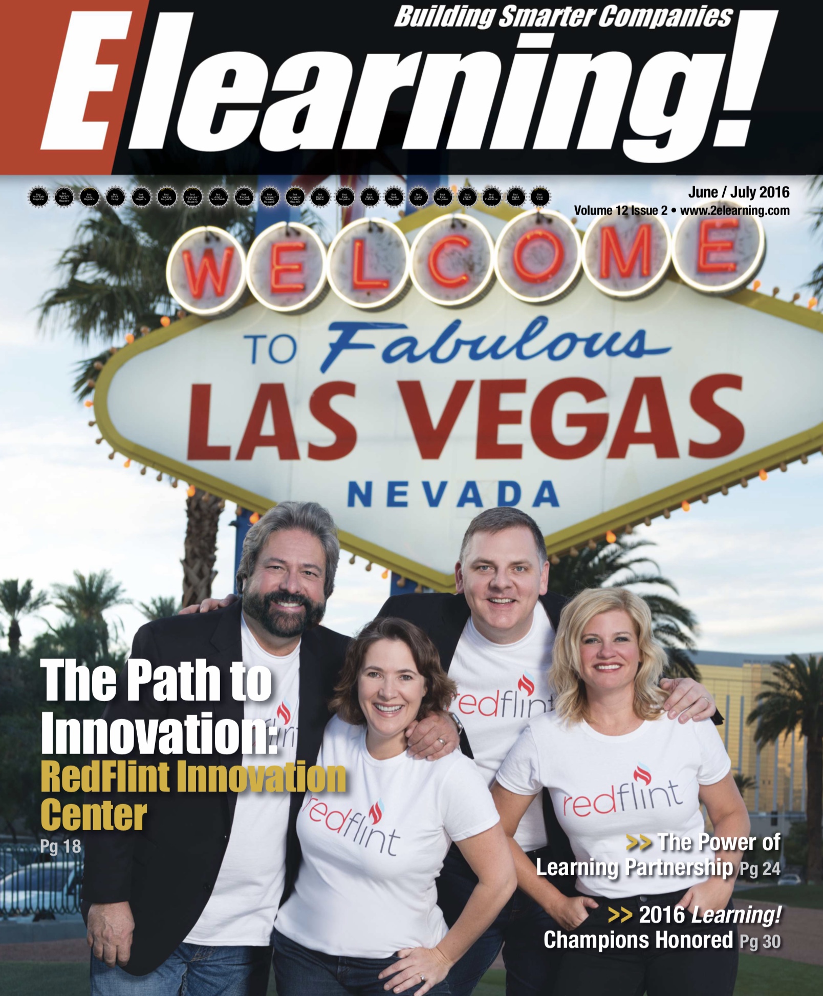 Elearning! Magazine cover, June/July 2016, featuring Dennis F. Bonilla and the RedFlint Innovation Center team in Las Vegas