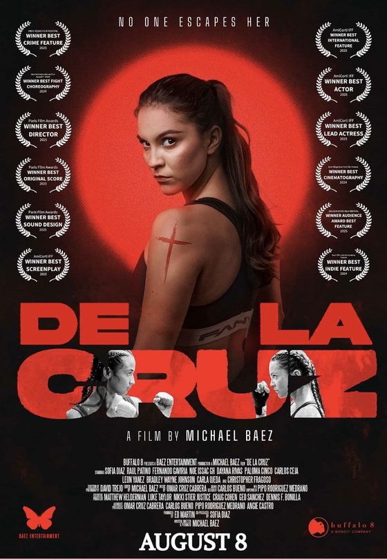 De La Cruz movie poster — No One Escapes Her, a film by Michael Baez, festival award laurels, in theaters August 8