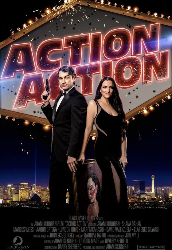 Action! Action! movie poster — neon marquee over the Las Vegas skyline, a Black Raven Films feature