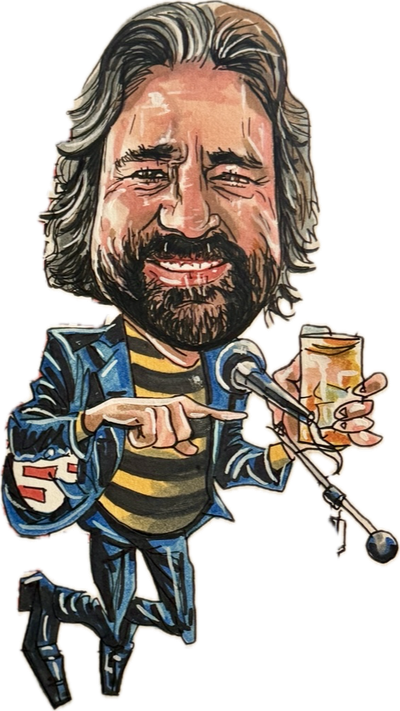 Caricature of Dennis F. Bonilla doing stand-up — mic stand in one hand, drink in the other