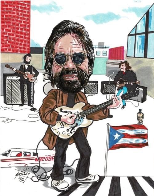 Caricature of Dennis Bonilla playing guitar in sunglasses, bandmates behind him and the Puerto Rican flag flying
