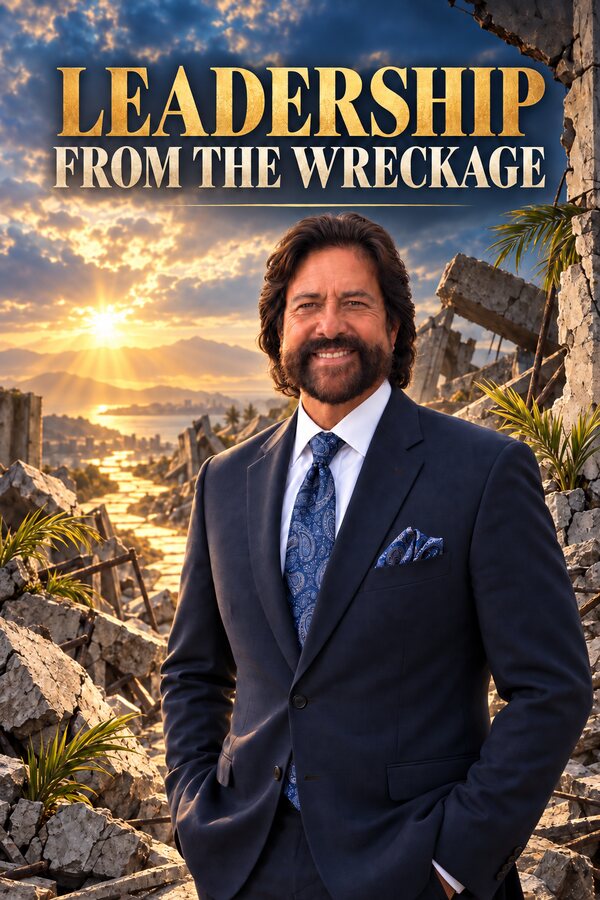 Leadership from the Wreckage — Dennis F. Bonilla standing amid rubble at sunrise, the signature keynote on turning adversity into wisdom, leadership, and impact.