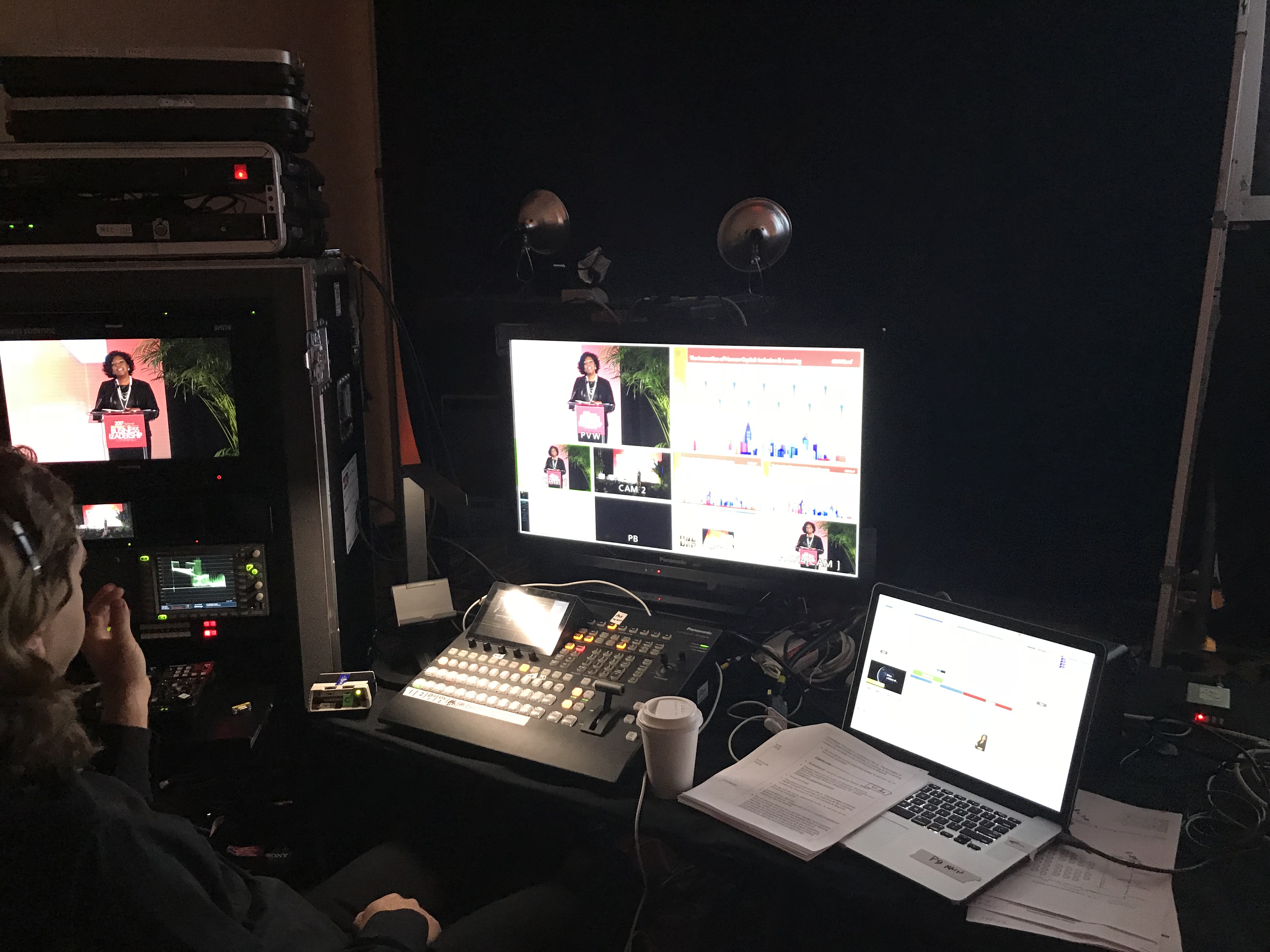 Backstage control room monitor at a national business leadership conference