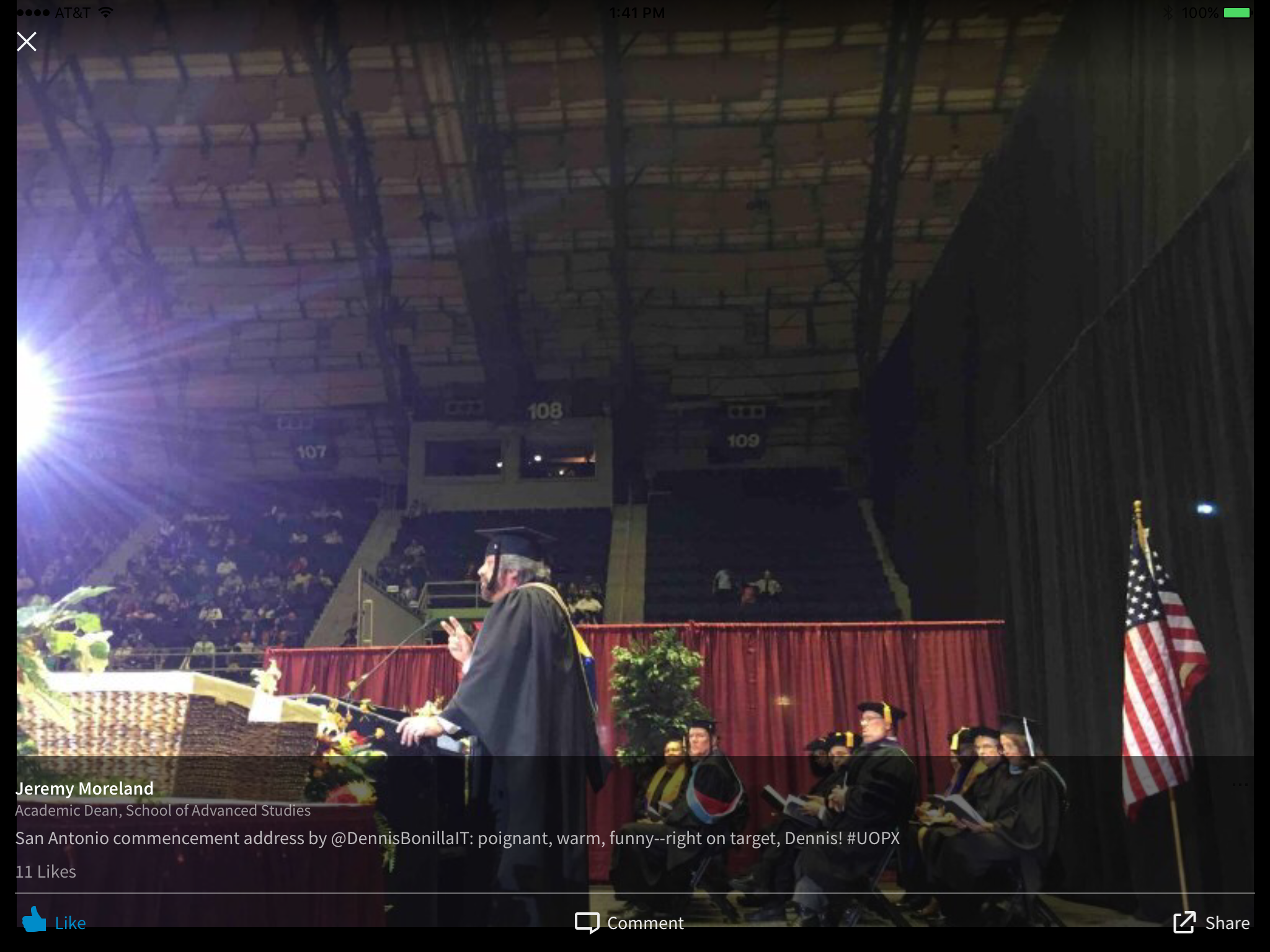 Dennis Bonilla delivering a University of Phoenix commencement address in San Antonio