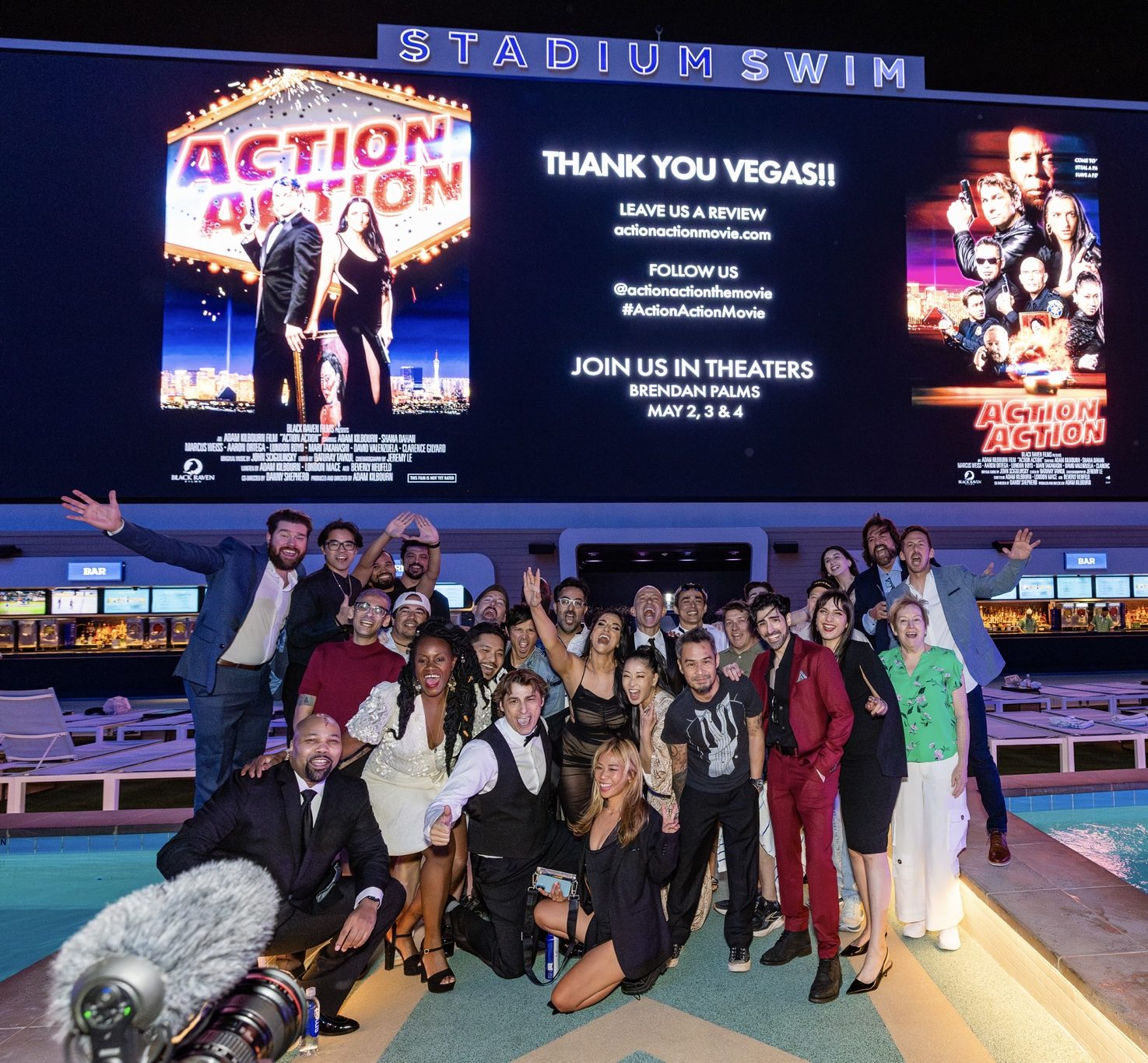 Cast and crew celebrating the Action Action film premiere at Stadium Swim in Las Vegas